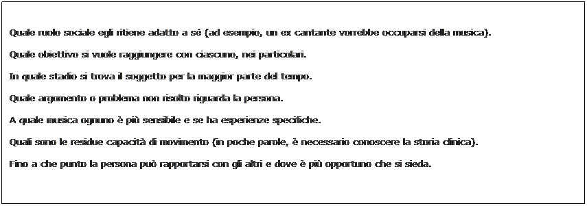 Text Box: Quale ruolo sociale egli ritiene adatto a s (ad esempio, un ex cantante vorrebbe occuparsi della musica). 

Quale obiettivo si vuole raggiungere con ciascuno, nei particolari.

In quale stadio si trova il soggetto per la maggior parte del tempo. 

Quale argomento o problema non risolto riguarda la persona.

A quale musica ognuno  pi sensibile e se ha esperienze specifiche. 

Quali sono le residue capacit di movimento (in poche parole,  necessario conoscere la storia clinica).

Fino a che punto la persona pu rapportarsi con gli altri e dove  pi opportuno che si sieda. 
 
