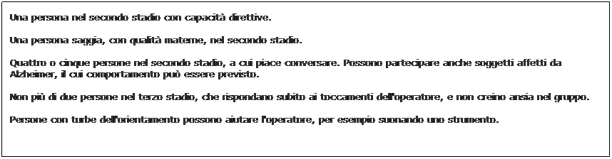 Text Box: Una persona nel secondo stadio con capacit direttive.

Una persona saggia, con qualit materne, nel secondo stadio. 

Quattro o cinque persone nel secondo stadio, a cui piace conversare. Possono partecipare anche soggetti affetti da Alzheimer, il cui comportamento pu essere previsto. 

Non pi di due persone nel terzo stadio, che rispondano subito ai toccamenti dell'operatore, e non creino ansia nel gruppo.

Persone con turbe dell'orientamento possono aiutare l'operatore, per esempio suonando uno strumento.

 
